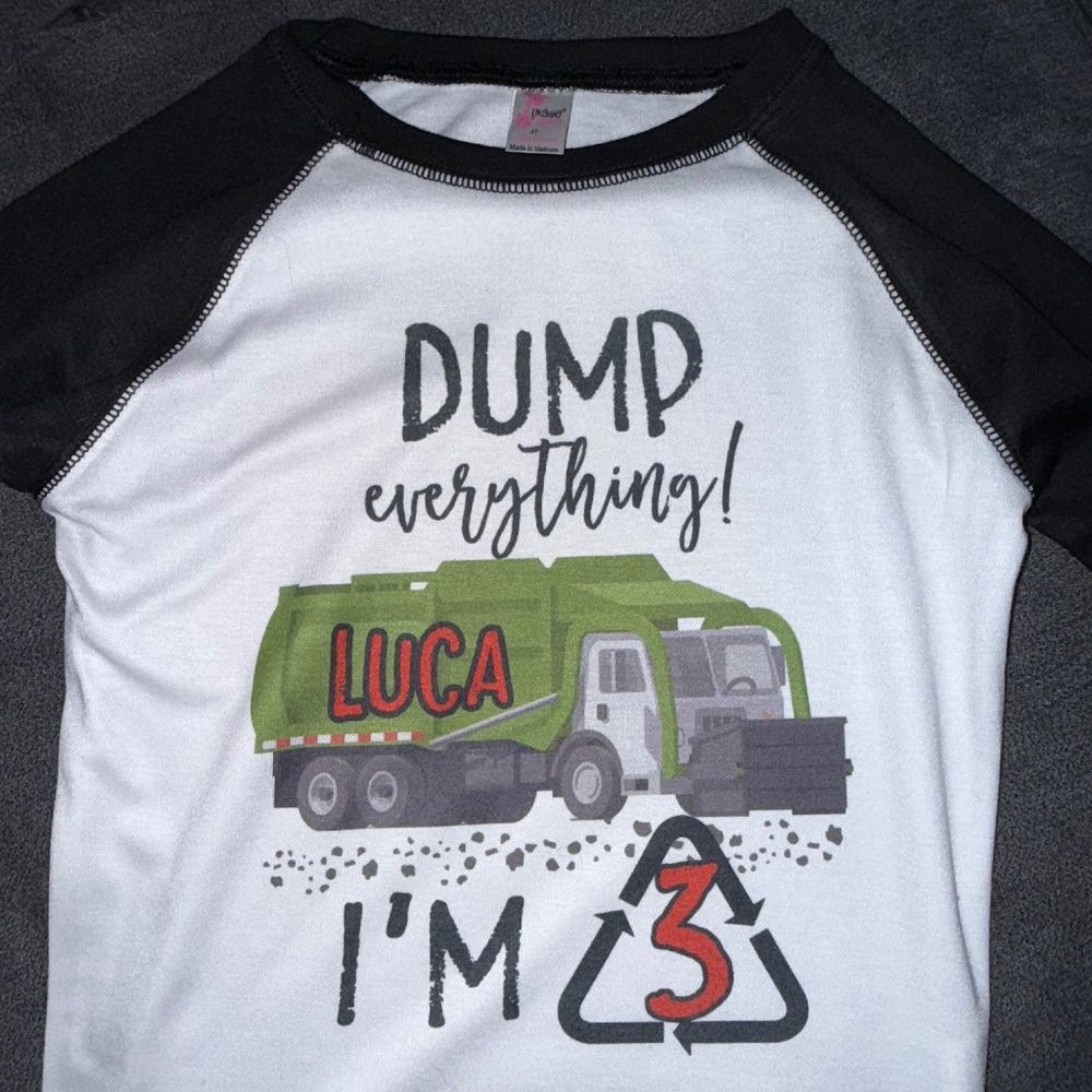 Luca 3rd birthday shirt- garbage truck theme size 4T